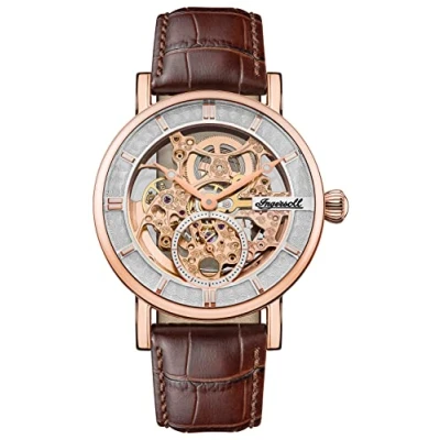 Image of Ingersoll The Michigan Mens 45mm Automatic Watch with Champagne Open Heart Dial and Brown Leather Strap I01108