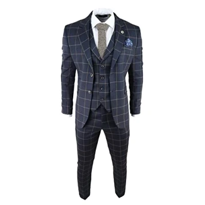 Image of Mens Blue 3 Piece Suit Tan Check Classic Wedding Prom Peaky Tweed Vintage Navy 52