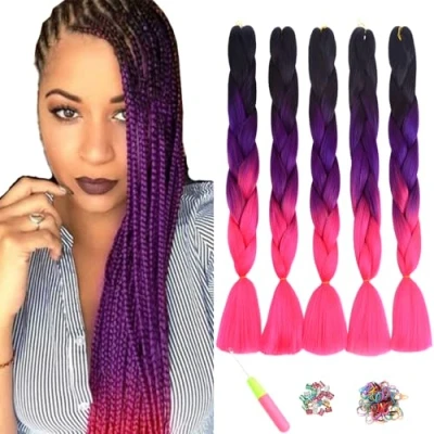 Image of ShowJarlly 5 Packs Ombre Jumbo Braid Hair, Black/Purple/Peach Kanekalon Hair African Extension, 24inch Box Extensions Synthetic Colorful for Braiding