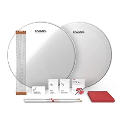 Image of Evans Snare Drum Tune Up Kit 14 Inch Heads HD Dry and Clear Resonant Drumheads EQ Pods Wires Drumsticks Maintenance Accessories