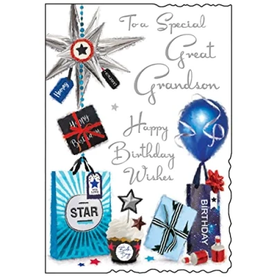 Image of Jonny Javelin Great Grandson Birthday Card Silver Spiky Balloon