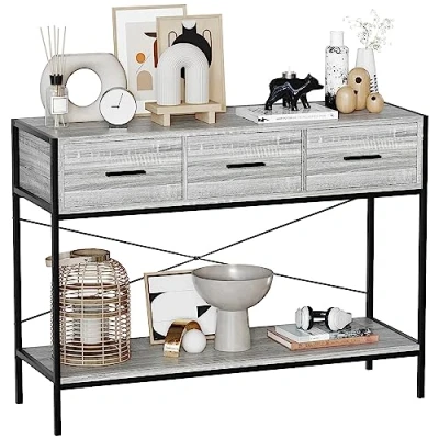 Image of Vida Designs Brooklyn Console Table Hallway Living Room Rustic Shelf Industrial Storage Furniture (Grey, 3 Drawer)