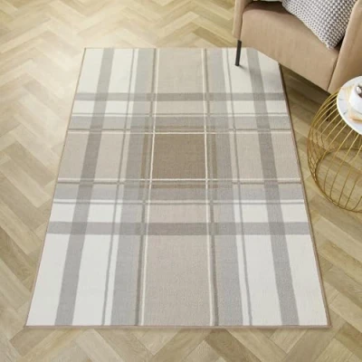 Image of Fusion Natural Checkered Rug (180 x 120cm) Low Pile (Hypoallergenic) Machine Washable Non Slip in Cream Tartan Beige for Living Room &amp; Bedroom Decor