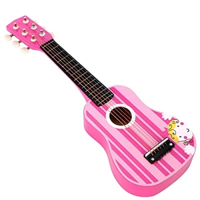 Image of SOKA Wooden Pink Striped Guitar Musical Instrument Pretend Play Music Toy Interactive Role Game Early Developmental Gift for Children Toddler Kids Boys Girls Ages 3 year old +