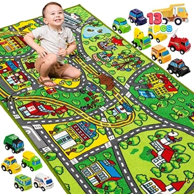 Image of JOYIN Carpet Playmat w/ 12 Cars Pull Back Vehicle Set for Kids Age 3+, Jumbo Play Room Rug, City Pretend