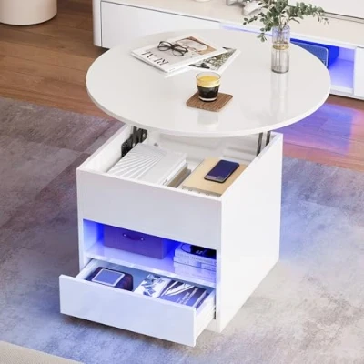 Image of YITAHOME Round Lift Top Coffee Table with Hidden Storage Compartment, High Glossy Tables RGB LED String for Living Room, Modern White 80X80X49.5CM, Bearing 50KG