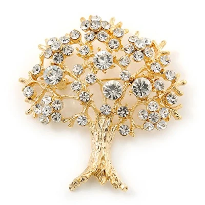 Image of Avalaya Clear Crystal &#039;Tree of Life&#039; Brooch in Gold Plating 52mm Length