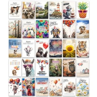 Image of 30 Different Bright and Fun Assorted Birthday Cards with White Envelopes for a Mix of Ages