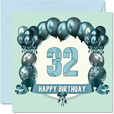 Image of Fun 32nd Birthday Cards for Men Balloons Happy Card Dad Auntie Uncle Daughter Cousin Son Sister Mum Brother, 145mm x Greeting Cards,