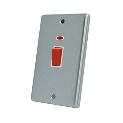 Image of AET CSCCSWWHT Satin Chrome Classical 45A White Insert Tall Plate 45 Amp DP Cooker Switch w/Neon Indicator 2 Gang