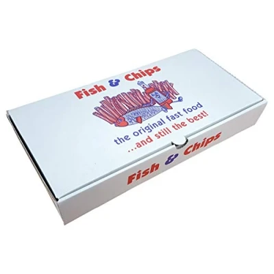 Image of 12&quot; Fish and Chips Chippy Takeout Takeaway Box Printed Die Cut qty 25 Boxes