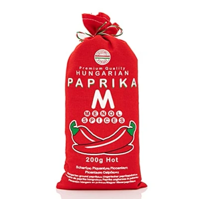 Image of Menol Spices Authentic Hungarian Hot Paprika Powder (Hot 200g) Very Spicy Premium Gourmet Quality, Produced in region of Szeged, Hungary, Vibrant Red, Incredible Flavour