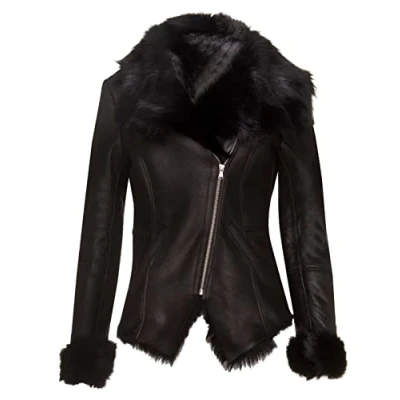 Image of Women&#039;s Black Shearling Biker Jacket Sheepskin Aviator Leather Toscana Merino L