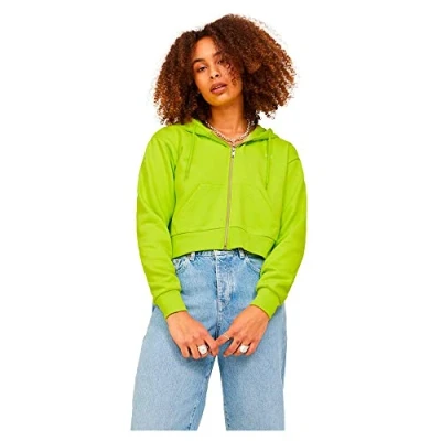 Image of JACK &amp; JONES Womens Sweat Hoodie Drawtrings Full Zip Regular Fit Dropped Shoulders, Lime Punch/Print: Cream Colour, UK Size M