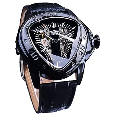 Image of FORSINING Men&#039;s Watch Fashion Mechanical Wrist Triangle Racing Dial, Waterproof Golden Skeleton Dial Automatic Movement Leather Design for Men (Black 1), Black 1,