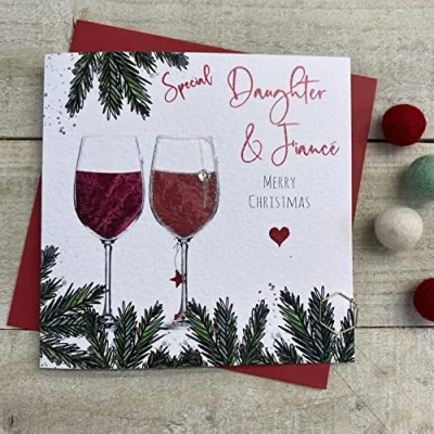 Image of DAUGHTER &amp; FIANCE RED WINE GLASSES CHRISTMAS CARD, HANDMADE BY WHITE COTTON CARDS (C22 85 XC22 85)