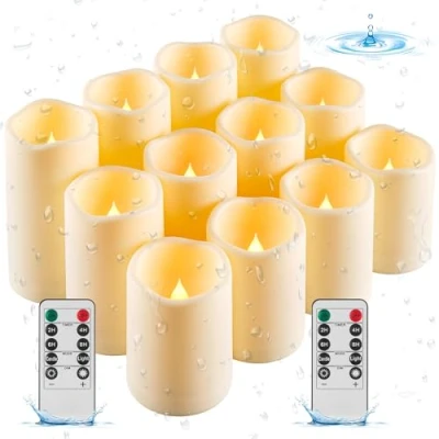 Image of Da by LED Outdoor Waterproof Candles Plastic Fake Battery Operated with Remote Timers Set of 12(Ivory)