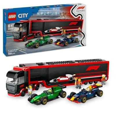 Image of LEGO City F1 Truck with RB20 &amp; AMR24 Cars Car Transporter Toy for RB Aston Martin Formula 1 Teams Incl. 2 Drivers Race Simulator Gifts 8+ Year Old Boys Girls 60445