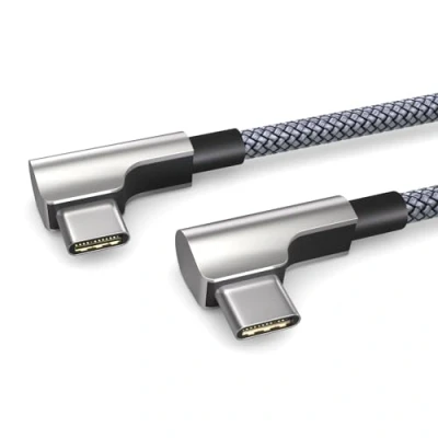 Image of PAXO 1m charging cable, 3A, USB C to 2.0, elegant angled plug, particularly flexible fabric sheath in silver