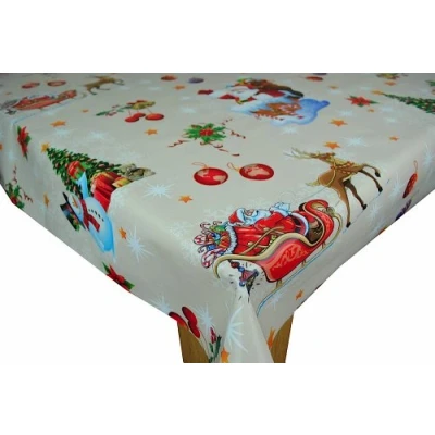 Image of Karina Home Christmas Santa Sleigh on Natural PVC Vinyl Oilcloth Tablecloth 300cm x 140cm