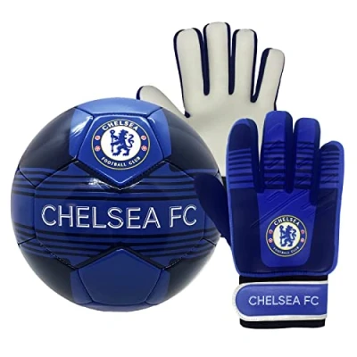 Image of Chelsea FC Official Size 4 Football &amp; Boys Goalkeeper Gloves Junior Gift Set