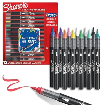 Image of Sharpie Creative Marker Acrylic Paint Pens Brush Tip, Water Based Markers No Bleed Ink Writes on Most Surfaces School &amp; Revision Supplies Assorted Colours 12 Count