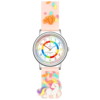 Image of Alienwork Unicorn Girl Children&#039;s Teacher Watch Girls Silver Strap Pink Multi Coloured Kid Waterproof 5 ATM Learning Time