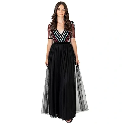 Image of Maya Deluxe Women&#039;s Maxi Dress Ladies Ball Gown for Wedding Guest Long V Neck Empire Waist Short Sleeve Prom Mesh Black Formal, 16