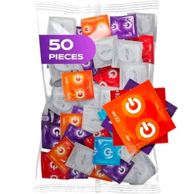 Image of ON Condom Mix I Pack of 50 Premium Condoms 7 Types and Sizes with 54 mm Width 10x Extra Thin, Natural Textured 5X Strong, Strawberry, Banana Chocolate Scent.