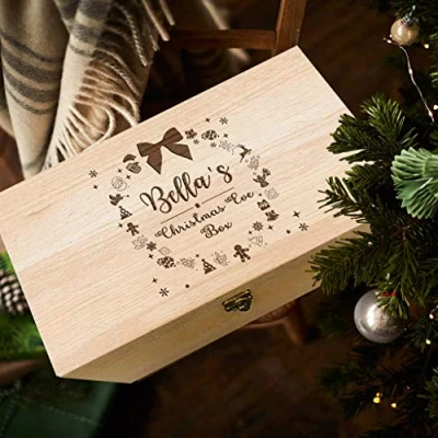 Image of Personalised Christmas Eve Gift Box Heavy Beech Boxes for Children Wooden Engraved from Santa,Santa Surprise(Xmas Wreath)
