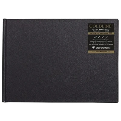 Image of Clairefontaine Ref 34246C Goldline Casebound Pad (64 White Sheets) A5 (210 x 148mm) Size, 140gsm Paper, Landscape Layout Black Cover Suitable for Dry Techniques