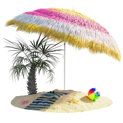 Image of Kingsleeve® Hawaii Parasol 1.9m Height 1.6m Diameter UV30+ Protection Tiltable Adjustable Ground Spike Large Round Raffia Tiki Umbrella Garden Camping Beach Multicoloured