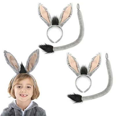 Image of Donkey Ears and Tail Costume Set Pack of 1 Grey on a Headband Long with Black Tip Adults Kids Nativity Fancy Dress Accessory