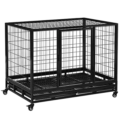 Image of PawHut 43&quot; Heavy Duty Metal Dog Kennel Pet Cage with Crate Tray and Wheels Black (Large)
