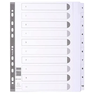 Image of Exacompta Ref MWD1 10Z EW Mylar Printed Indices For Use with A4+ Documents, Pre Punched, 160gsm White Card Reinforced Plastic Tabs, FSC Certified 10 Part Dividers (1 10)