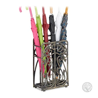 Image of Relaxdays Cast Iron Umbrella Stand, Rectangular, with Drip Tray, Massive, Vintage, HxWxD: ca 48.5 x 30.5 16 cm, Bronze, cm