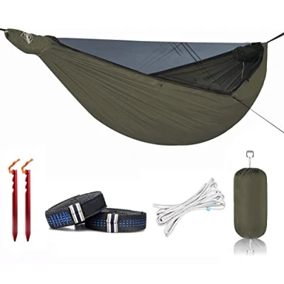Image of Onewind 12ft Camping Hammock with Mosquito Net and Structure Ridgeline, Lightweight Portable Double Tree Straps Bugnet, Ideal for Wild Camping, Hiking, Backpacking, OD Green