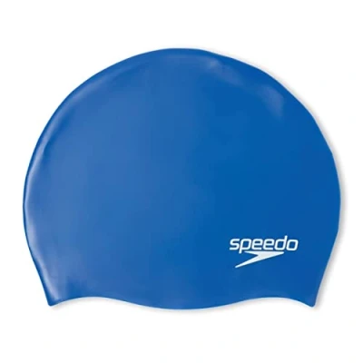 Image of Speedo Junior Plain Moulded Silicone Swimming Cap Dry Hair Kids Swim, Blue, One Size