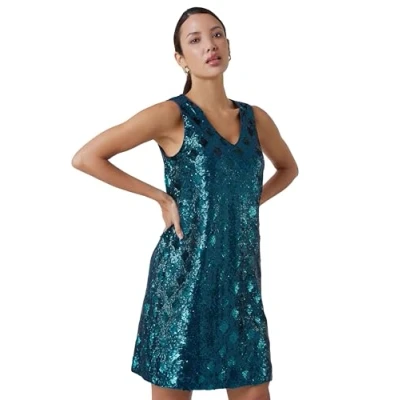 Image of Roman Originals Sequin Diamond Print Swing Stretch Dress for Women UK Ladies Everyday Autumn Winter V Neckline Comfy Soft Evening Vacation Work Party Night Out Emerald Size 10