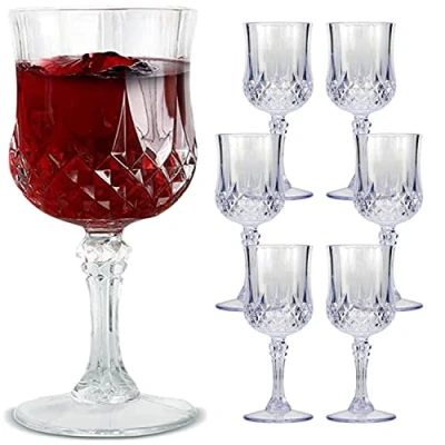 Image of Faboer 6 x VINTAGE CLEAR CRYSTAL EFFECT PLASTIC GLASSES DRINKING PICNIC GARDEN ACRYLIC (Wine Glasses)