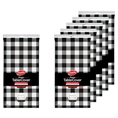 Image of Neatiffy 54 in x 108 Inch 6Pack Rectangle Plastic Table Cloth Waterproof Disposable/Reusable Tablecloth Cover for Picnic, Party, Banquet, Birthdays Black Checkered
