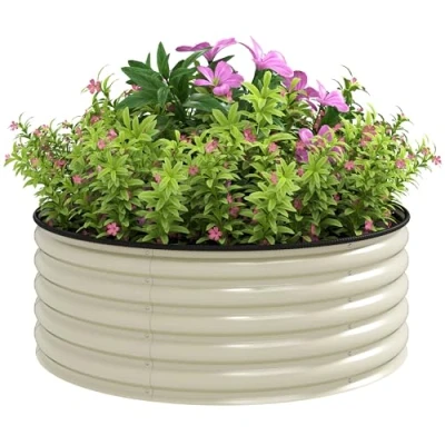 Image of Outsunny Galvanised Raised Garden Bed with Safety Edging, Outdoor Planter Box Gloves and Open Bottom, Metal for Flowers, Vegetables Herbs, 120 x 43cm, Cream White