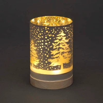 Image of SHATCHI 15cm Christmas Decorated Vase Table Lamp Etched Glass Tube Forest Snowfall Scene Silver Cylinder LED Fairy Lights Battery Operated