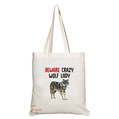 Image of Coralgraph Inc TB201 Beware Crazy Wolf Lady Novelty Present Gift Printed Eco Friendly Stylish Long Handled Tote Shoulder Bag