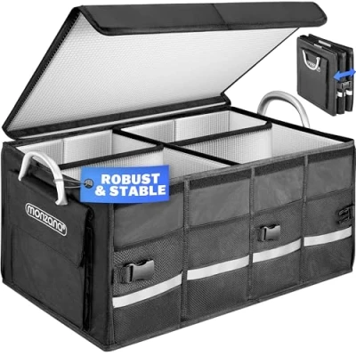 Image of MONZANA® Insulated Foldable Car Boot Organiser Bag with Lid 68 Litre Capacity Dividers 60x35x30cm Waterproof Reinforced Side Walls Non Slip Base Shopping Black
