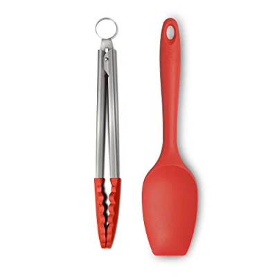 Image of Zeal JSET11R Non Stick Silicone Large Spatula Spoon &amp; Cooking Tongs 2 Piece Set Red