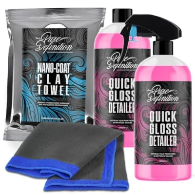 Image of Pure Definition Clay Cloth and Lube Car Detailing Kit, High Mirror Gloss Finish Detail Towel (1 x + 2 Detailer 1L)