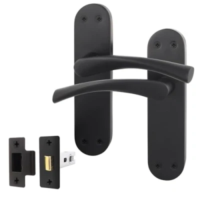 Image of EAI Black Door Handle &amp; Latch Set 1 Pair Matt Internal Lever Handles on Backplate with (64mm) Novoli Range