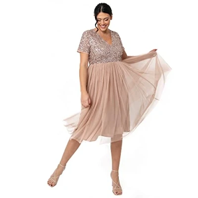 Image of Maya Deluxe Women&#039;s Embellished Midi Evening Dress Ladies V Neckline with Short Sleeve for Prom Wedding Bridesmaid, Taupe Blush, 10