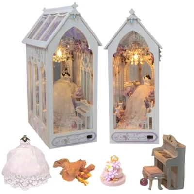 Image of iiecreat DIY Book Nook Kit 3D Wooden Puzzle, Dollhouse Wedding Bookshelf Decor with LED Bookend Crafts Hobbies Gifts